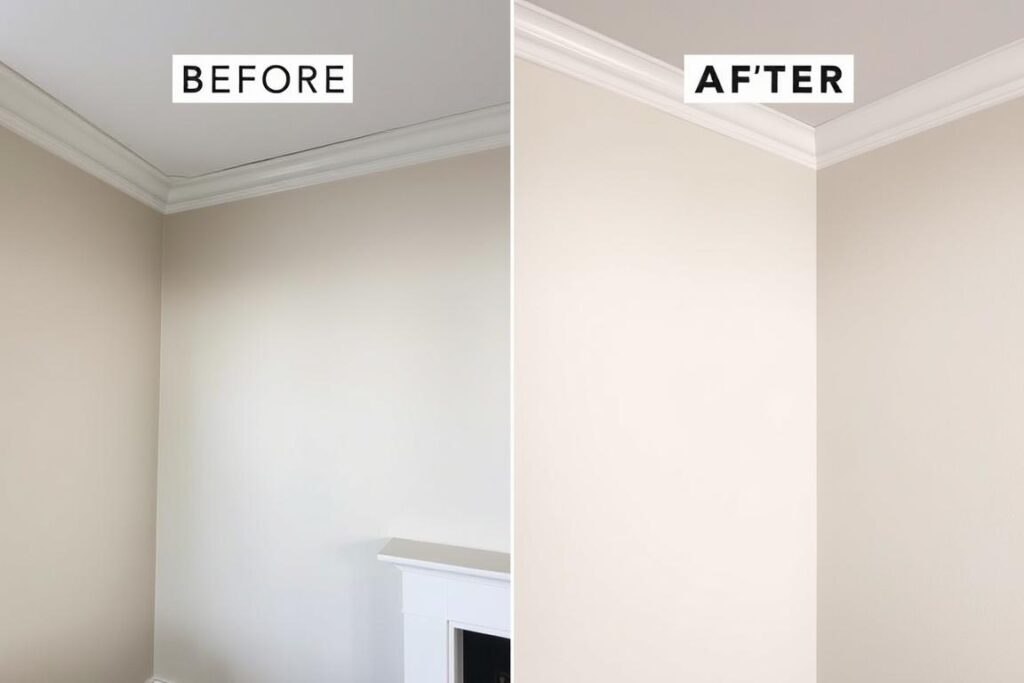 Efekt przed i po szpachlowaniu zaokrągleń przy suficie
