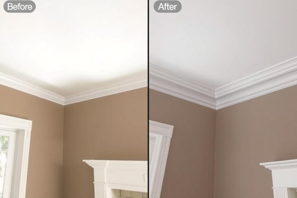 Efekt przed i po zastosowaniu sztukaterii do maskowania zaokrągleń przy suficie