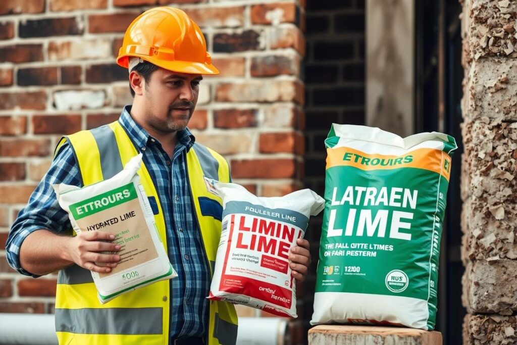 Murarz oceniający różne rodzaje wapna do zaprawy murarskiej na placu budowy