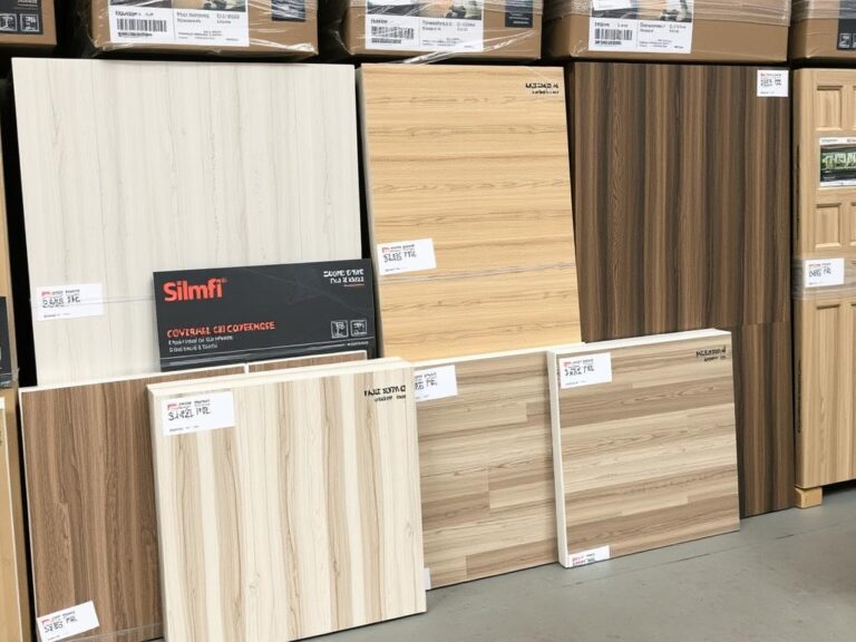 Paczki paneli podłogowych różnych producentów z oznaczeniami powierzchni w m²