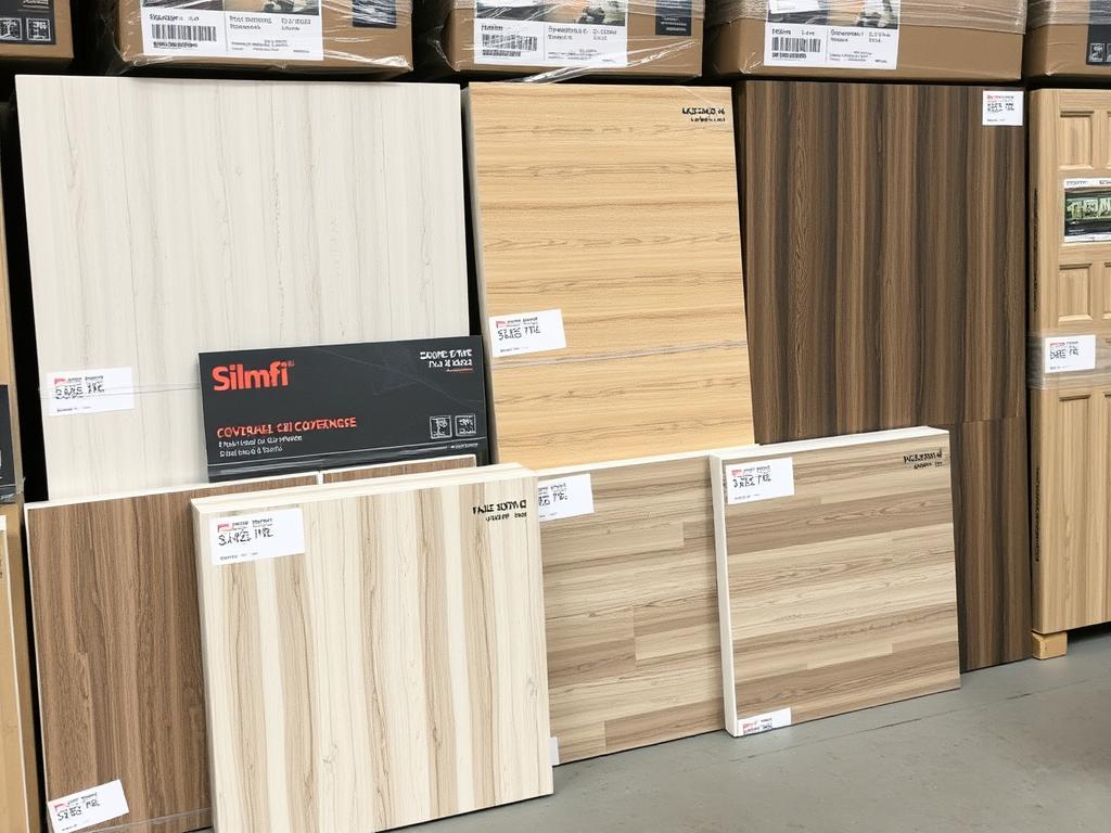 Paczki paneli podłogowych różnych producentów z oznaczeniami powierzchni w m²