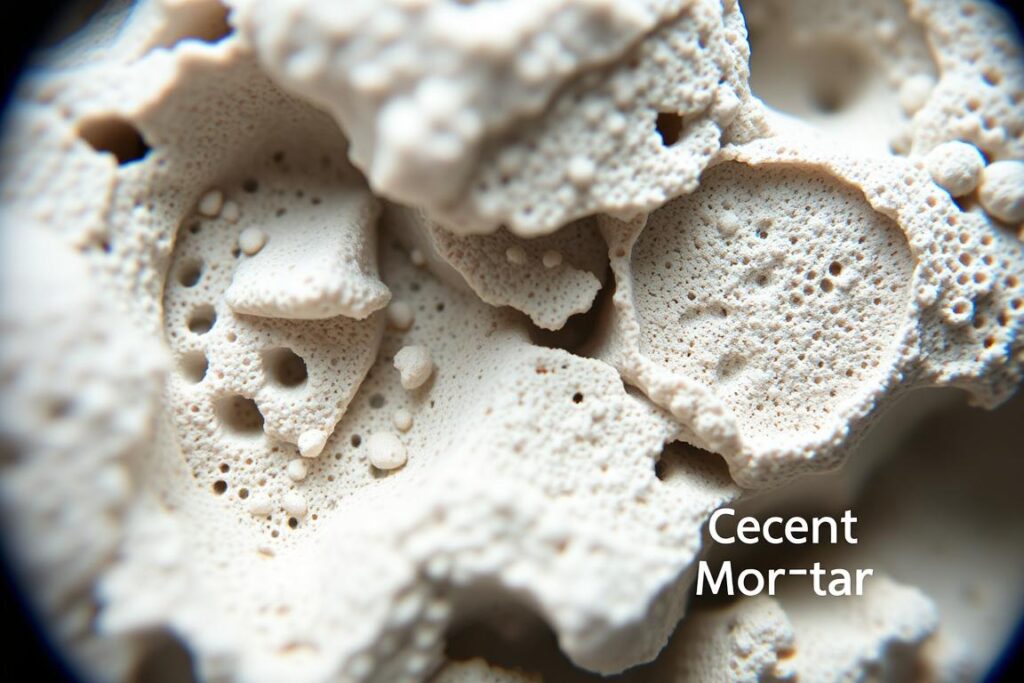 Porównanie różnych typów zapraw murarskich pod mikroskopem, pokazujące strukturę zaprawy wapiennej