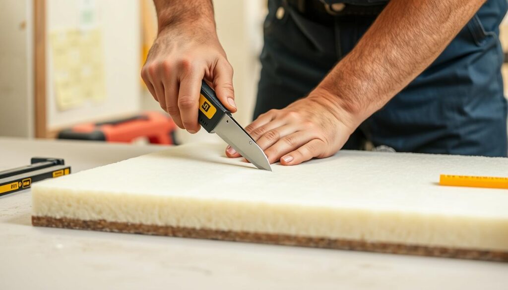 Proces cięcia płyty PIR za pomocą noża do izolacji, montaż płyt pir na suficie Proces cięcia płyty PIR za pomocą noża do izolacji, montaż płyt pir na suficie