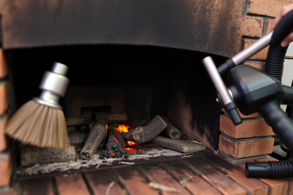 Proces czyszczenia komina z sadzy z wykorzystaniem profesjonalnych narzędzi kominiarskich