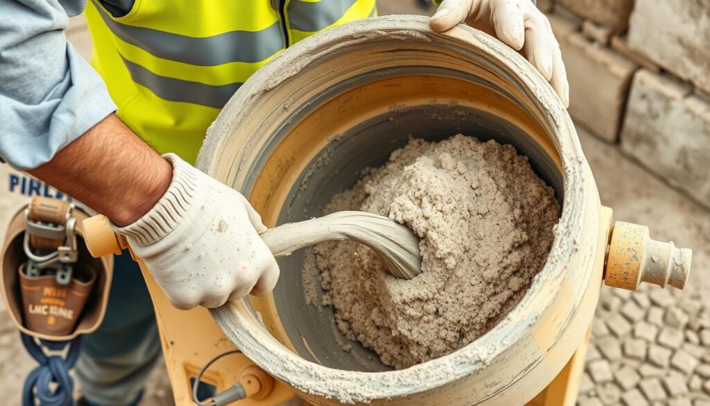 Proces mieszania zaprawy murarskiej z wapnem hydratyzowanym w odpowiednich proporcjach