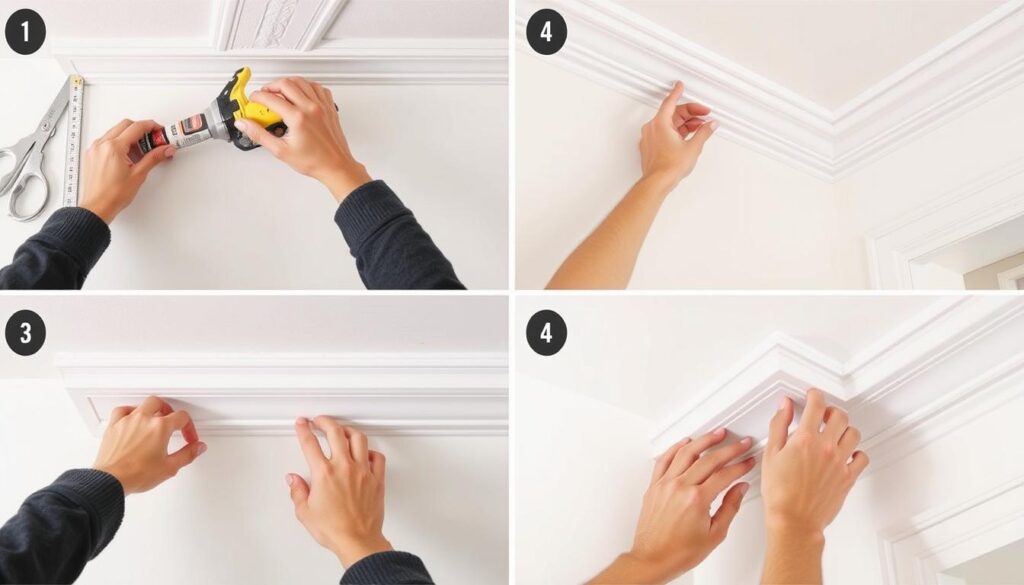 Proces montażu sztukaterii do maskowania zaokrągleń przy suficie