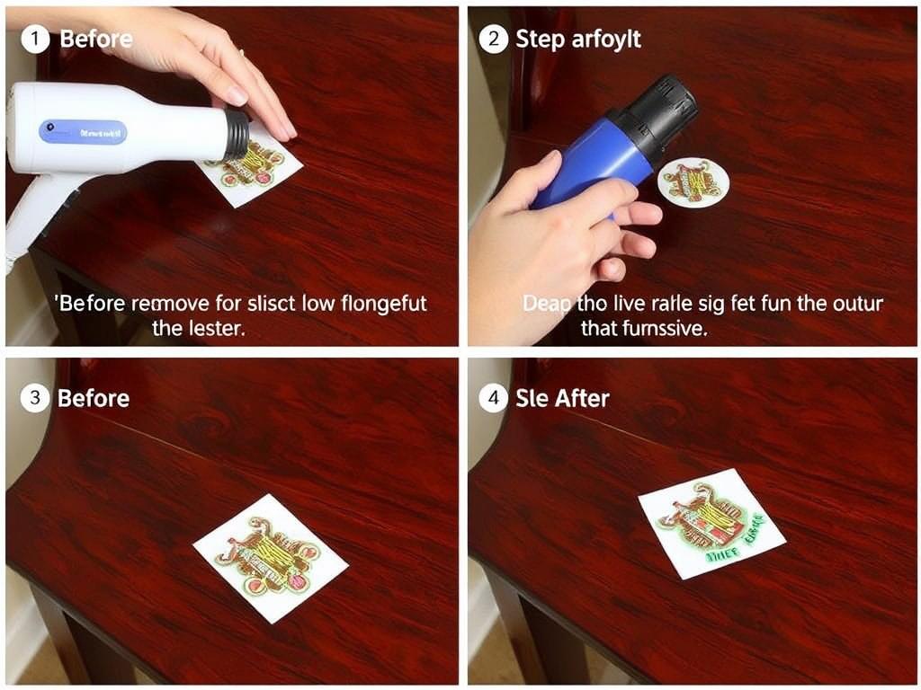 Proces usuwania naklejki z mebla za pomocą suszarki do włosów