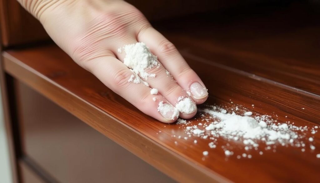 Proces usuwania tłustej plamy z drewnianego blatu za pomocą sody oczyszczonej