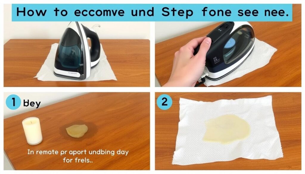 Proces usuwania wosku z drewnianego mebla za pomocą żelazka i papieru