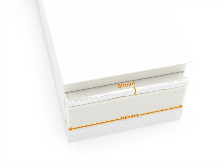 Przekrój płyty PIR pokazujący warstwową strukturę z rdzeniem z pianki poliizocyjanurowej i okładzinami z folii aluminiowej