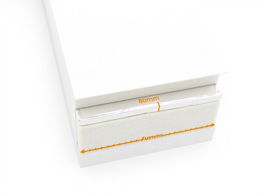 Przekrój płyty PIR pokazujący warstwową strukturę z rdzeniem z pianki poliizocyjanurowej i okładzinami z folii aluminiowej