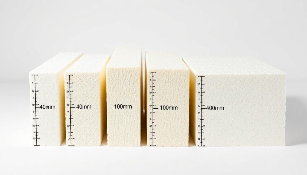 Różne grubości płyt PIR ułożone obok siebie z widocznymi wymiarami od 40mm do 100mm, montaż płyt pir na suficie Różne grubości płyt PIR ułożone obok siebie z widocznymi wymiarami od 40mm do 100mm, montaż płyt pir na suficie
