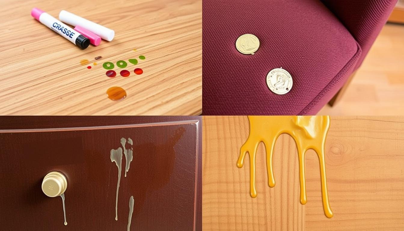 Różne rodzaje plam na meblach - marker, tłuszcz, klej i wosk