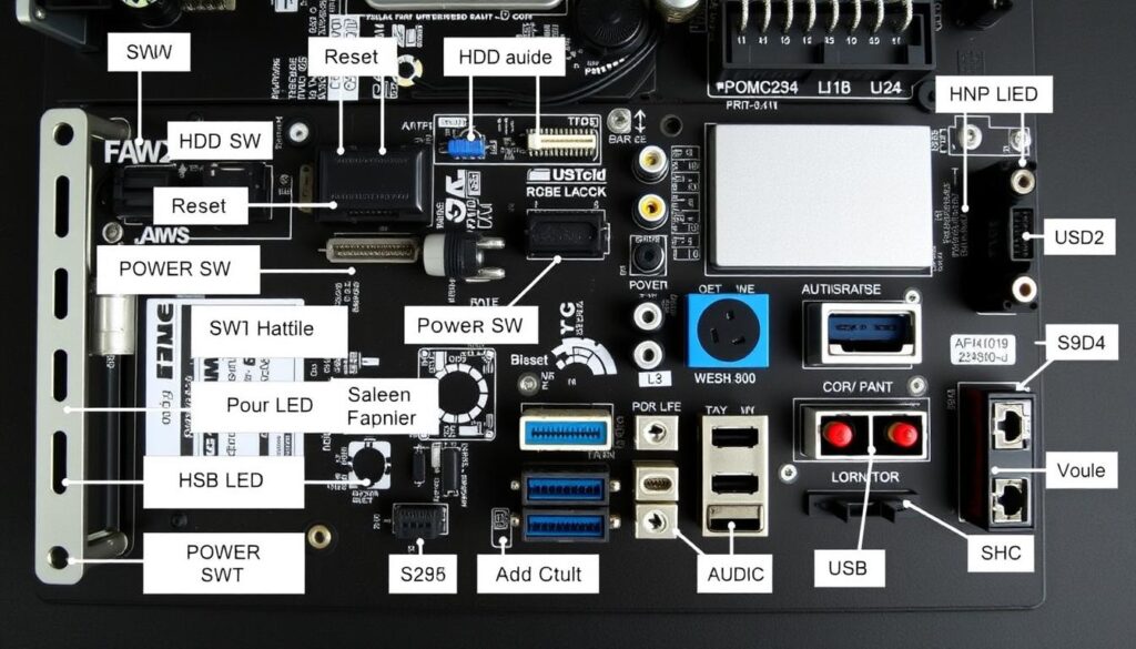 Różne typy złączy front panelu PC z opisami