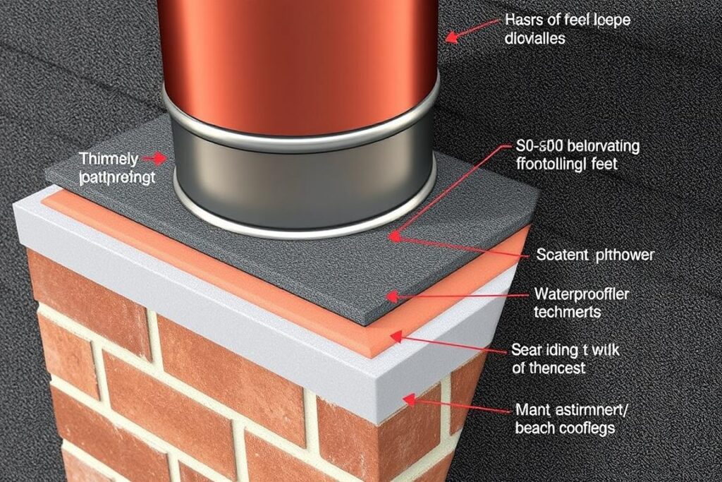 Szczegóły techniczne obróbki komina papą z widocznymi warstwami i połączeniami