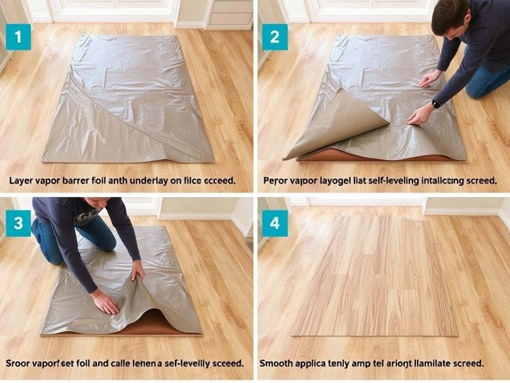 Układanie folii paroizolacyjnej i podkładu pod panele na wylewce samopoziomującej