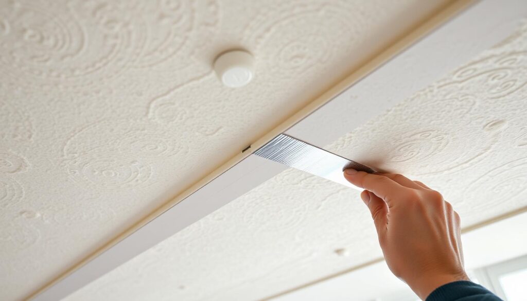 Uszczelnianie połączeń między płytami PIR na suficie za pomocą taśmy aluminiowej Uszczelnianie połączeń między płytami PIR na suficie za pomocą taśmy aluminiowej