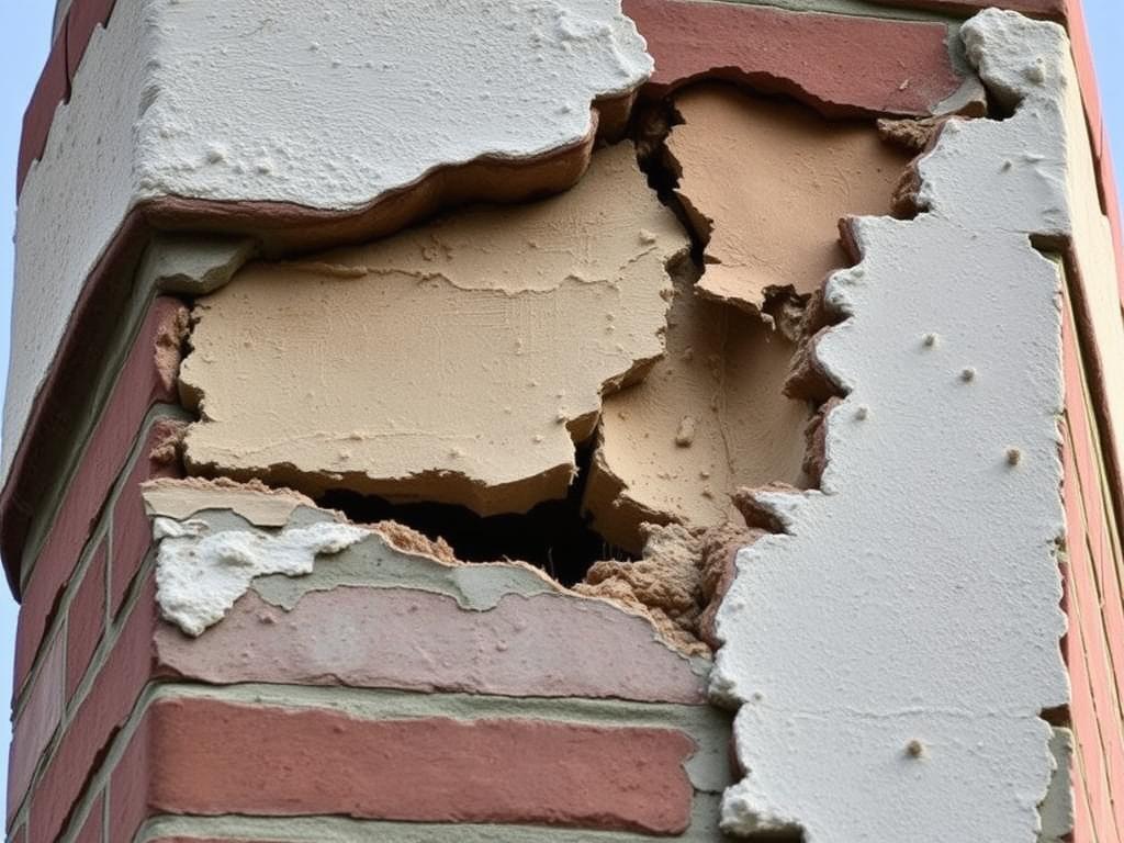 Uszkodzony komin z widocznymi pęknięciami i odpadającym tynkiem wymagający naprawy