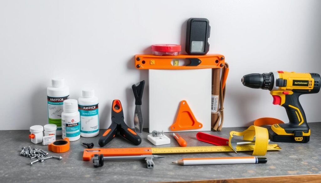 Zestaw narzędzi i materiałów do montażu płyt PIR na suficie - kleje, wkręty, nóż, wiertarka, poziomica Zestaw narzędzi i materiałów do montażu płyt PIR na suficie - kleje, wkręty, nóż, wiertarka, poziomica