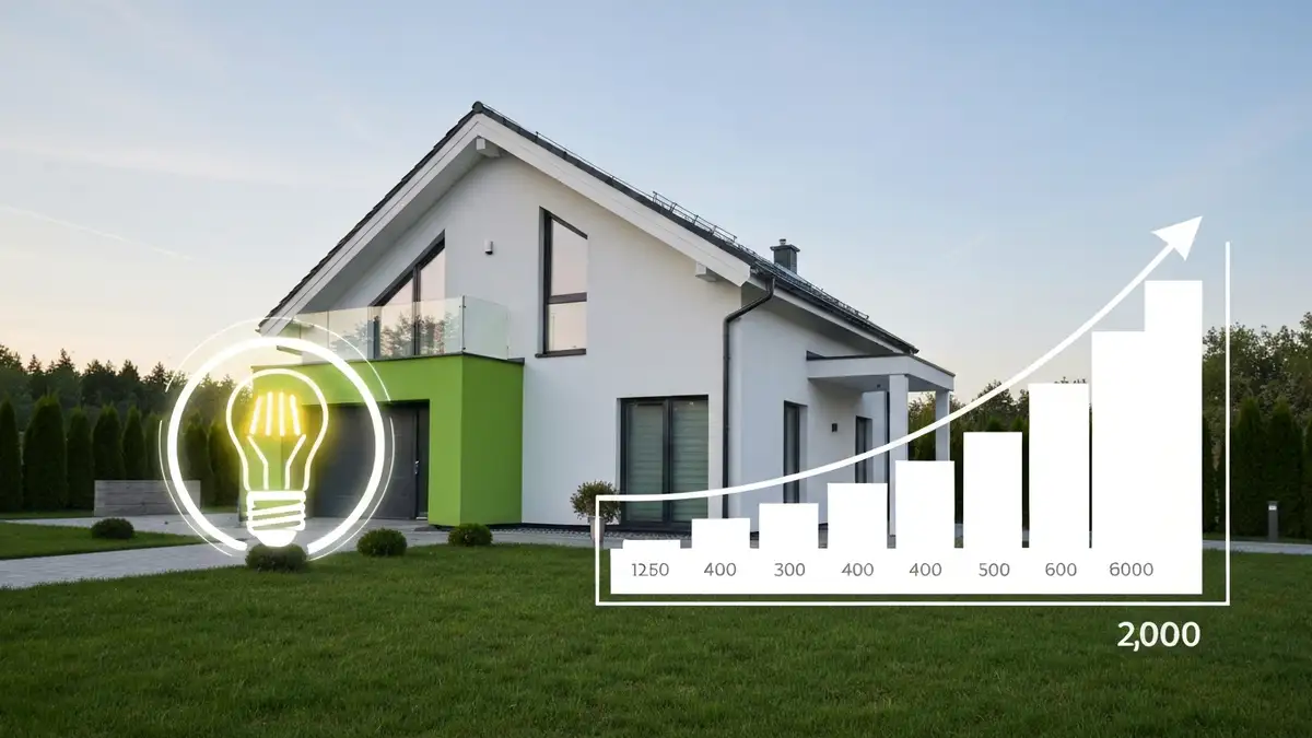 Dom jednorodzinny z żarówką LED i wykresem spadku kosztów energii elektrycznej