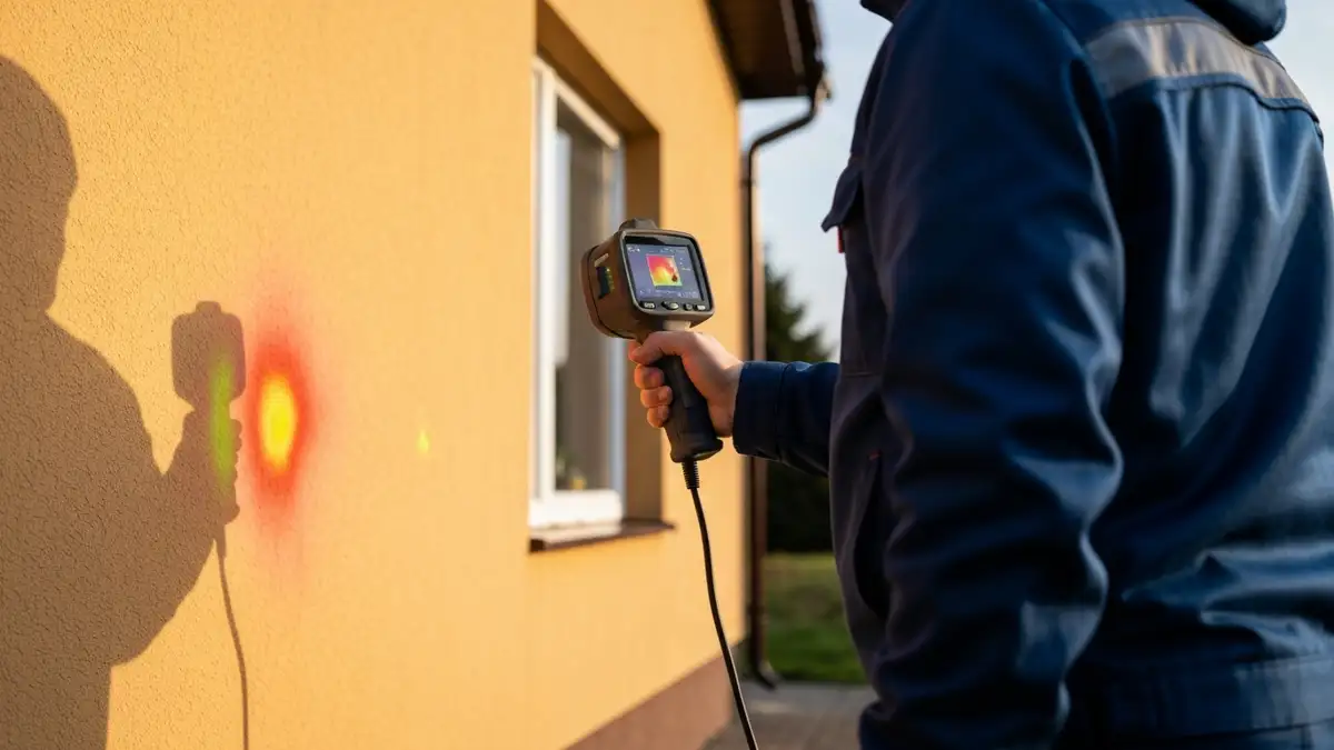Audytor energetyczny z kamerą termowizyjną badający ściany zewnętrzne domu jednorodzinnego