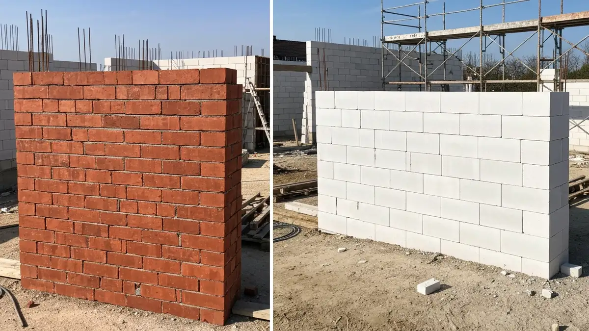 Porównanie cegły ceramicznej i bloczka silikatowego na placu budowy