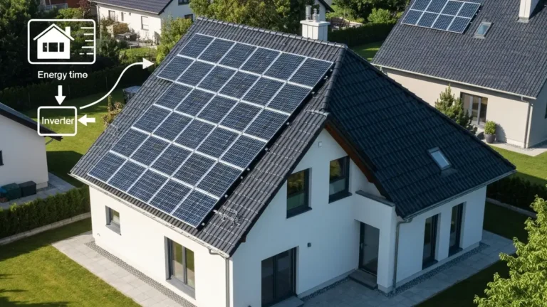 Panele fotowoltaiczne na dachu domu jednorodzinnego z widocznym licznikiem energii i schematem instalacji PV