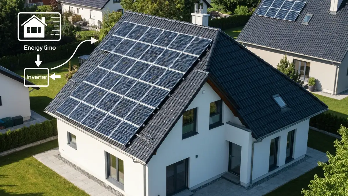 Panele fotowoltaiczne na dachu domu jednorodzinnego z widocznym licznikiem energii i schematem instalacji PV