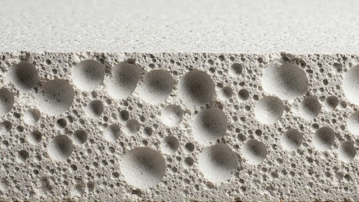 Zbliżenie na strukturę gazobetonu z widoczną porowatością materiału