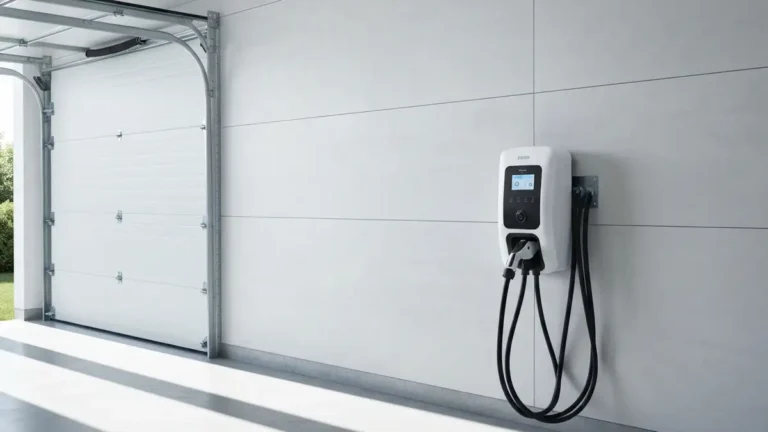 Nowoczesne gniazdko wallbox do ładowania samochodu elektrycznego zamontowane na ścianie garażu