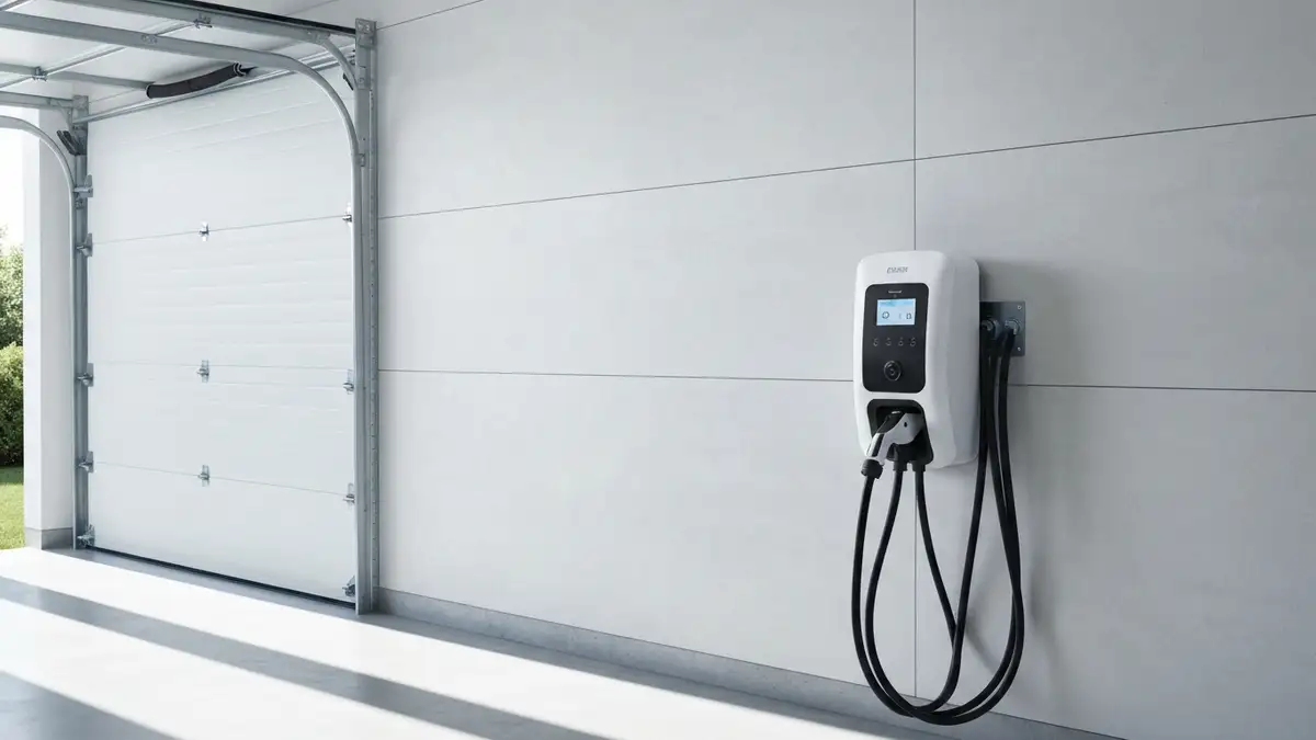 Nowoczesne gniazdko wallbox do ładowania samochodu elektrycznego zamontowane na ścianie garażu