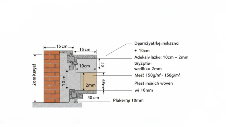 Warstwy izolacji termicznej ścian zewnętrznych z grubością styropianu 10 cm, tynku i cegły