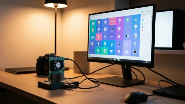 Raspberry Pi z zainstalowanym Home Assistant na ekranie laptopa pokazującym interfejs automatyki domowej