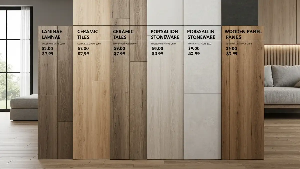 Porównanie różnych typów podłóg i ich kosztów - panele, laminat, płytki ceramiczne i gres w jednaj przestrzeni z cenami