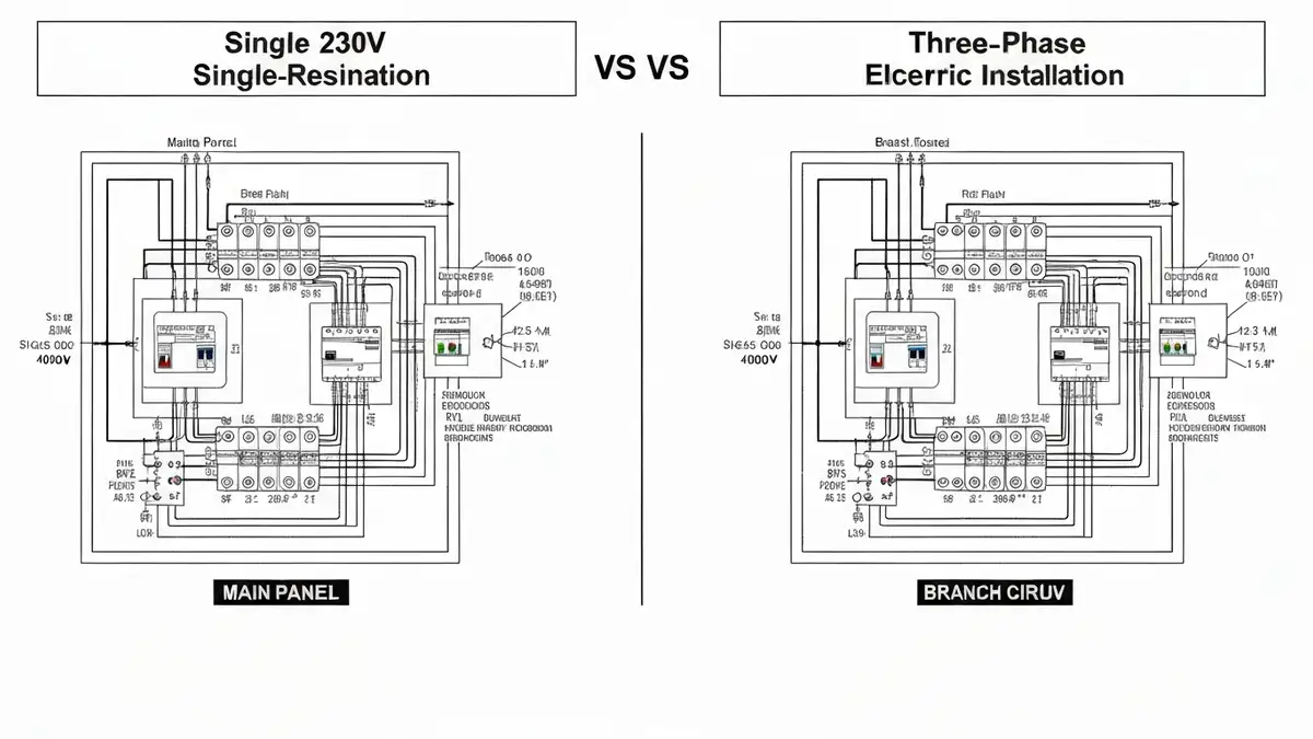 Porównanie schemat instalacji elektrycznej 230V jednofazowej i 400V trójfazowej w domu