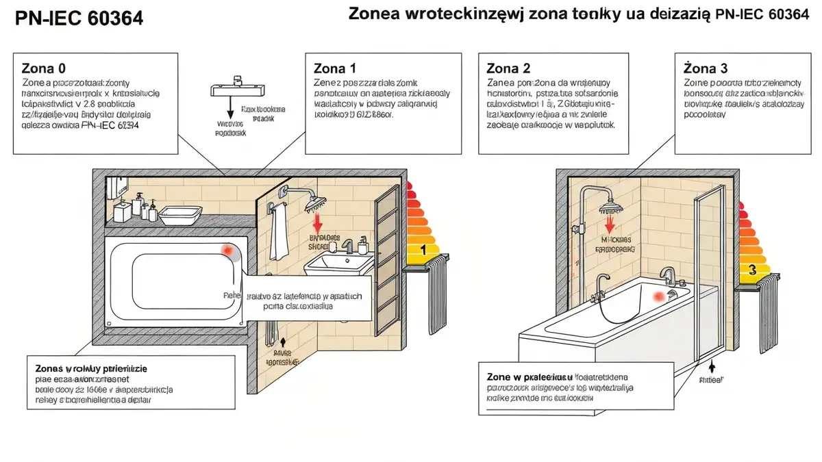 Diagram stref ochronnych w łazience według normy PN-IEC 60364 z zaznaczeniami stref 0, 1, 2 i 3