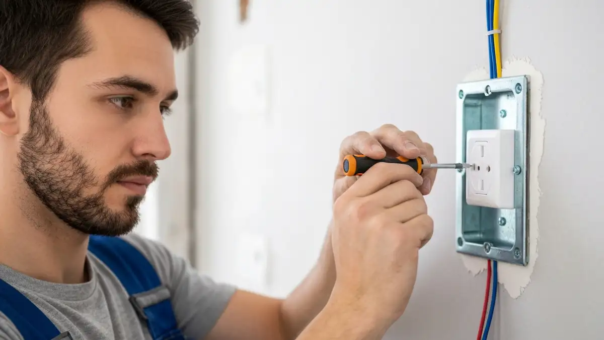 Elektryk montuje nowe gniazdko elektryczne w ścianie, wkręcając śruby mocujące w metalowej puszce