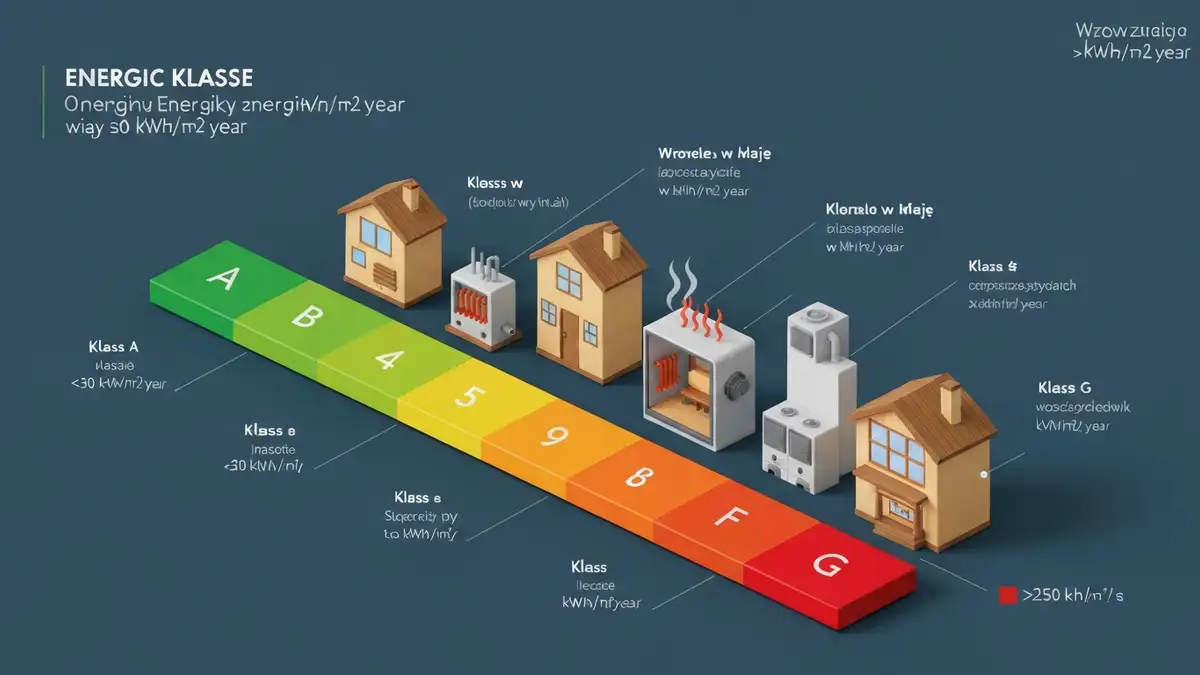 Grafika pokazująca skalę klas energetycznych budynków od A do G z kolorami od zielonego do czerwonego i wskaźnikami zapotrzebowania na energię w kWh/m²/rok