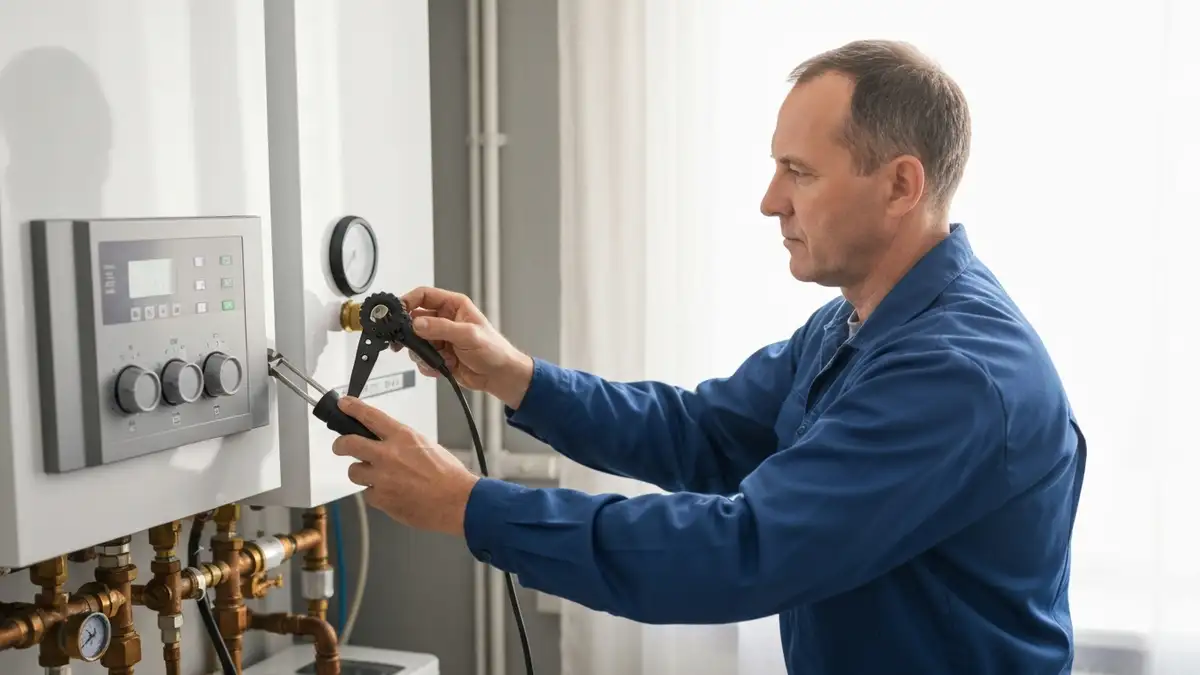 Elektryk serwisant sprawdzający manometr w głównym module zarządzania kotłem gazowym w domowym systemie grzewczym