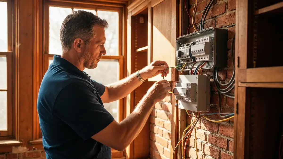 elektryk podczas modernizacji starej instalacji elektrycznej w budynku mieszkalnym