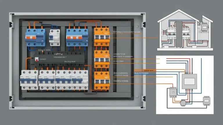 Schemat rozdzielni elektrycznej z wydzielonymi obwodami oświetlenia, gniazdek i specjalistycznymi