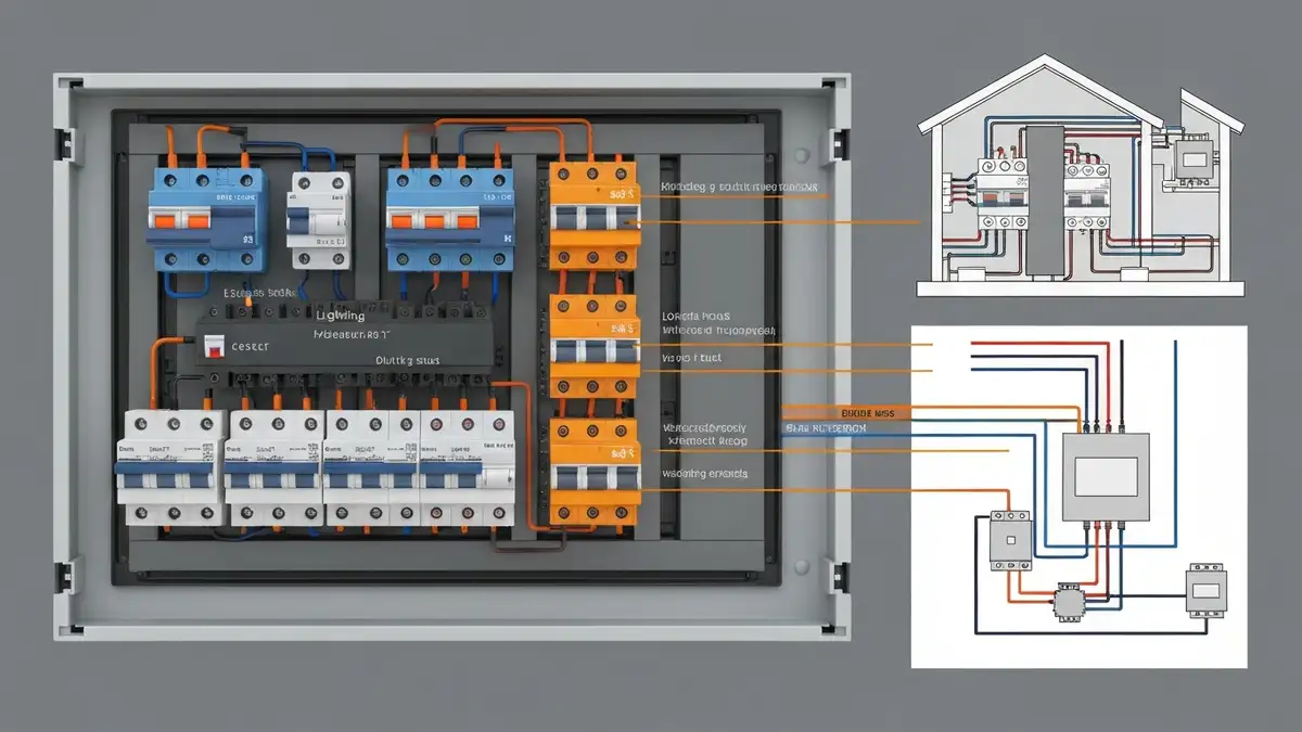 Schemat rozdzielni elektrycznej z wydzielonymi obwodami oświetlenia, gniazdek i specjalistycznymi
