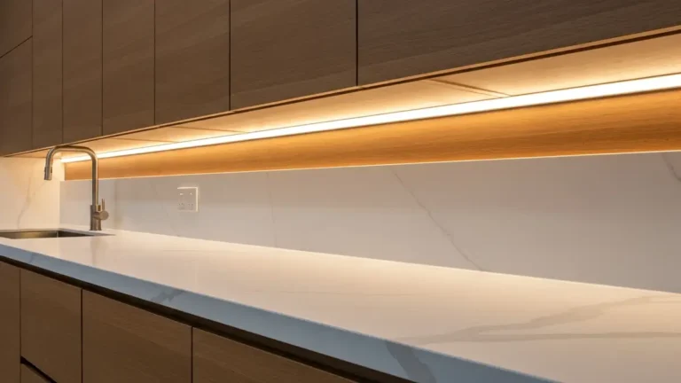 Oświetlenie LED pod szafkami kuchennymi - taśma RGB zamontowana pod drewnianymi szafkami emitująca ciepłe światło