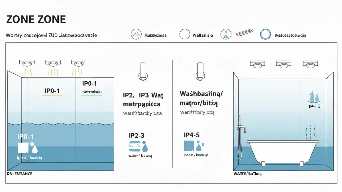 Schemat stref IP w łazience z przykładami opraw LED dla każdej strefy ochrony przed wodą