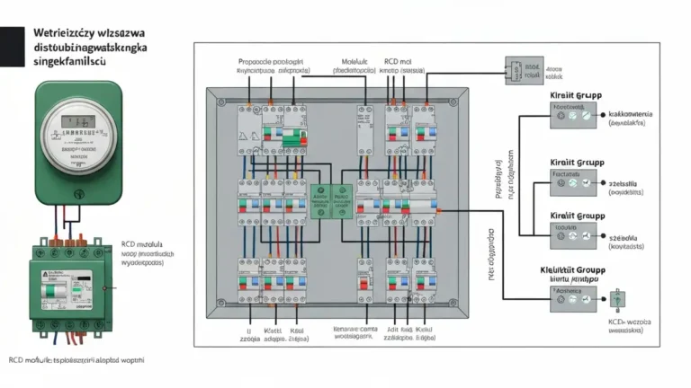 Schemat funkcjonalny rozdzielni elektrycznej w domu jednorodzinnym z zaznaczonymi elementami: licznikiem, wyłącznikiem głównym, modułami zabezpieczającymi i obwodami
