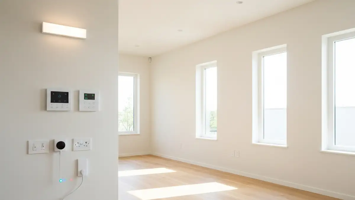Nowoczesny salon z panelem sterowania smart home na ścianie i podświetlonymi inteligentnymi gniazdkami