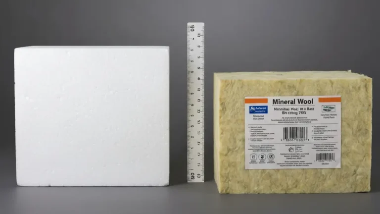 Porównanie próbek styropianu i wełny mineralnej obok siebie z metryczką