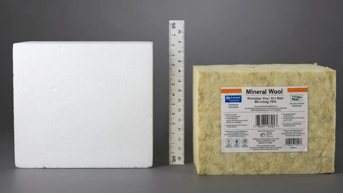 Porównanie próbek styropianu i wełny mineralnej obok siebie z metryczką