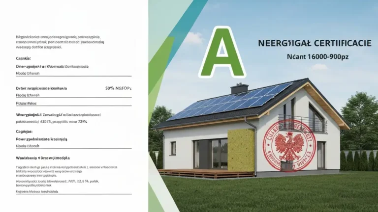 Świadectwo energetyczne z klasą energetyczną A na tle domu z czerwonym daszkiem