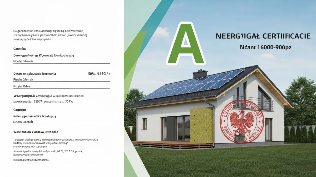 Świadectwo energetyczne z klasą energetyczną A na tle domu z czerwonym daszkiem